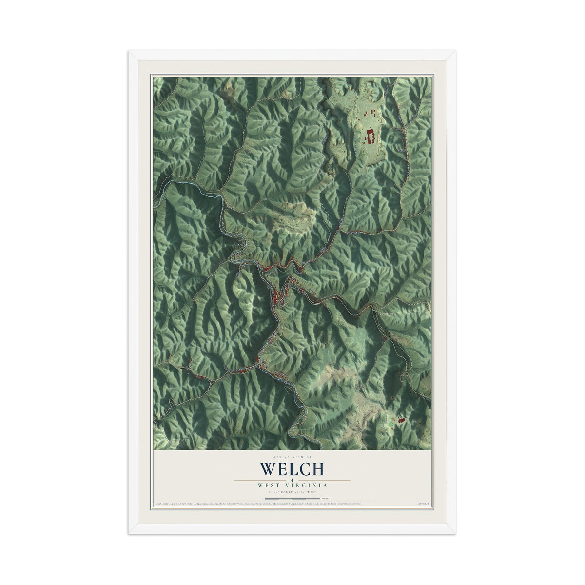 Map of Welch, West Virginia, 12 x 18 inch print in a white wood frame