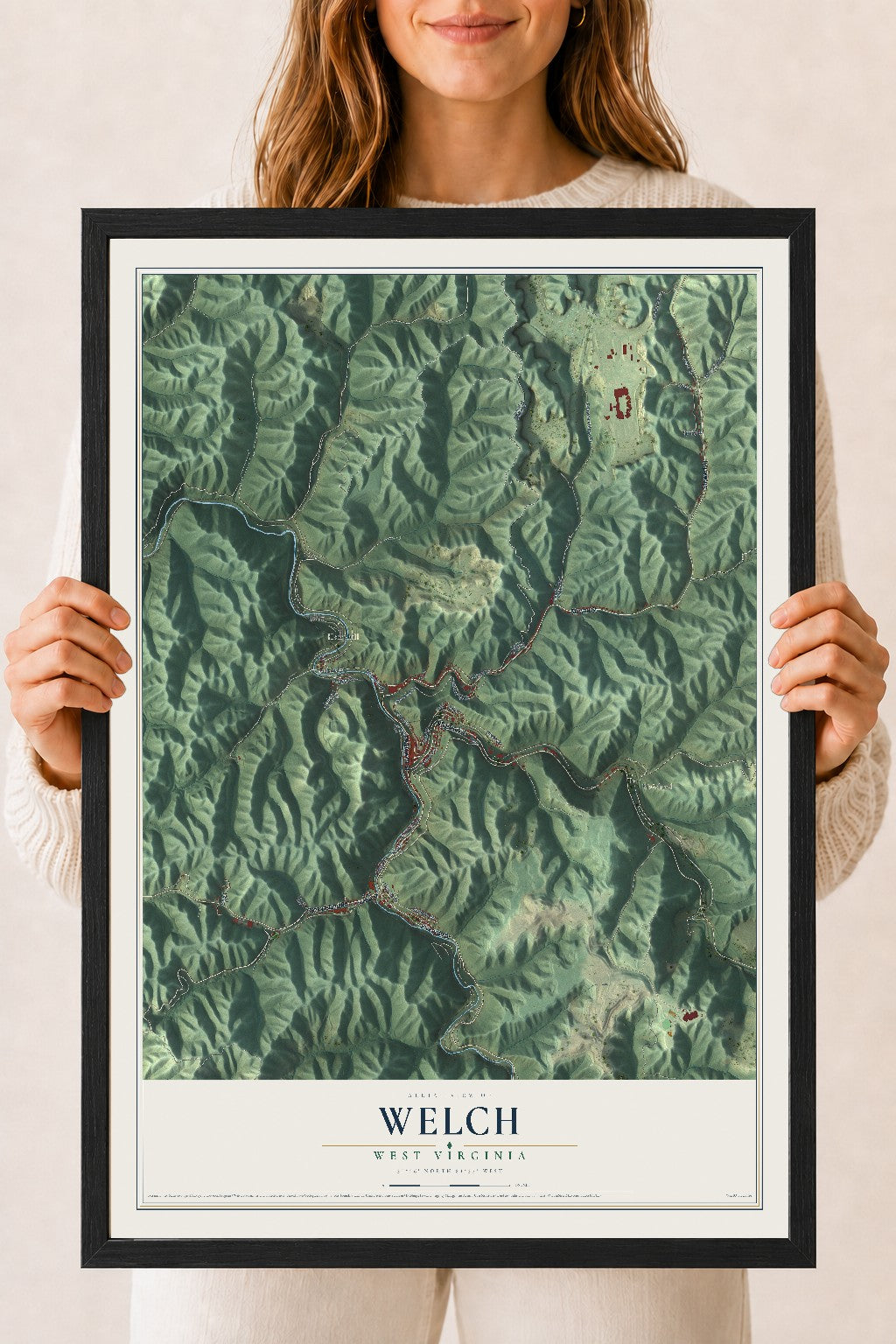 Map of Welch, West Virginia, 18 x 24 inch print in a black wood frame