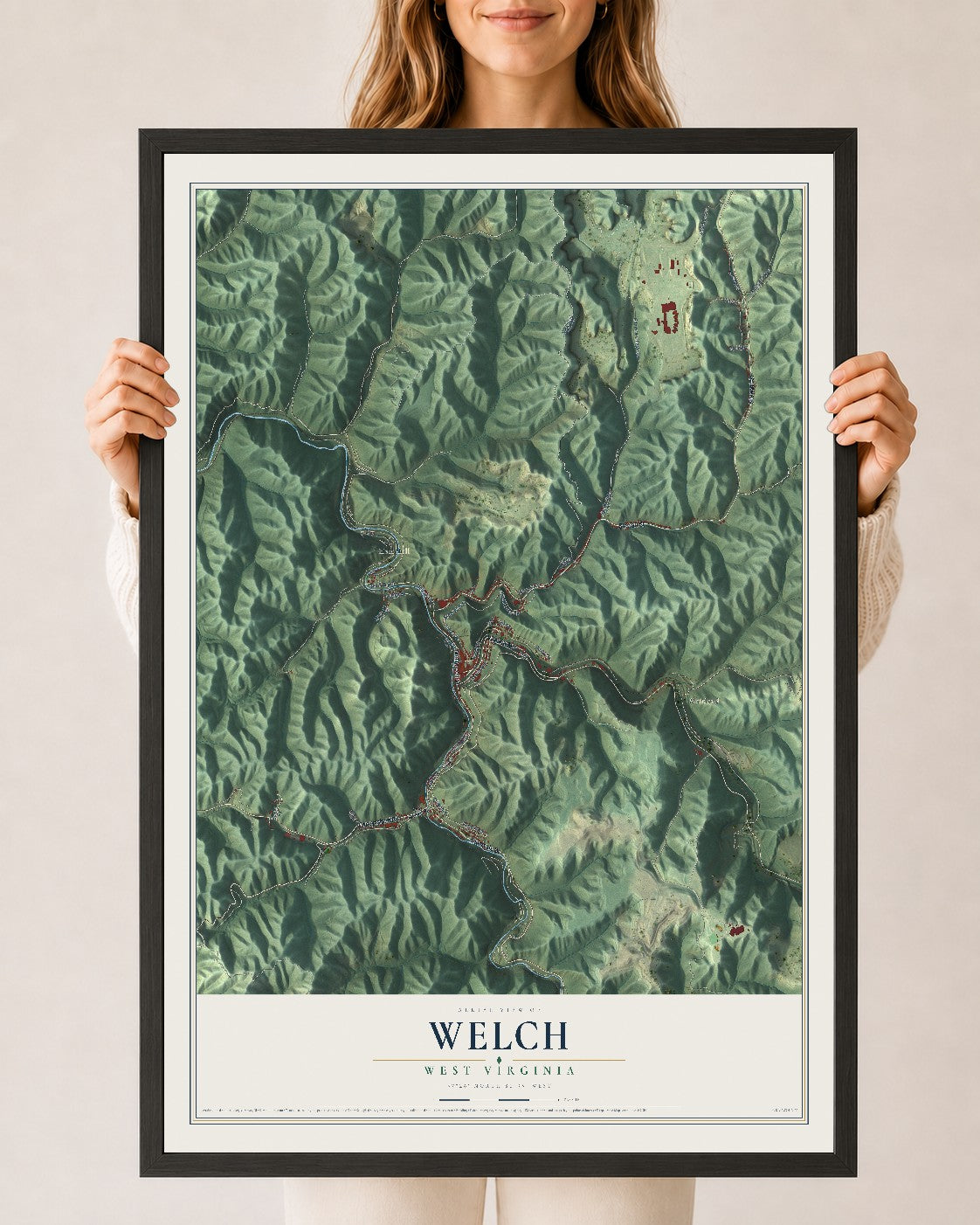 Map of Welch, West Virginia, 24 x 36 inch print in a black wood frame