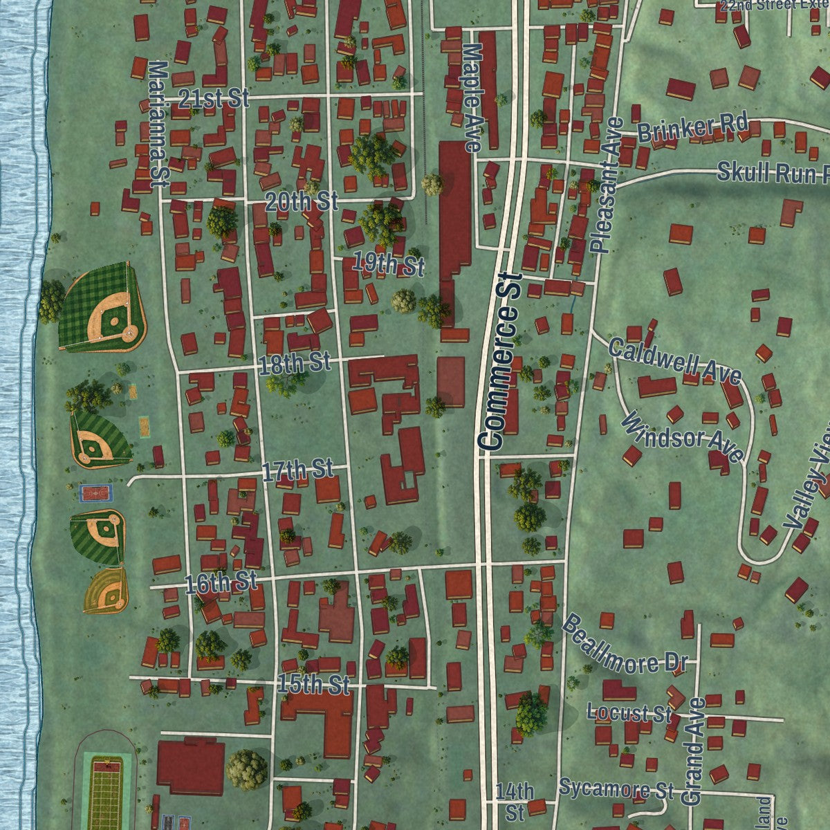 Close-up of the map of Wellsburg, West Virginia print showing street and building detail