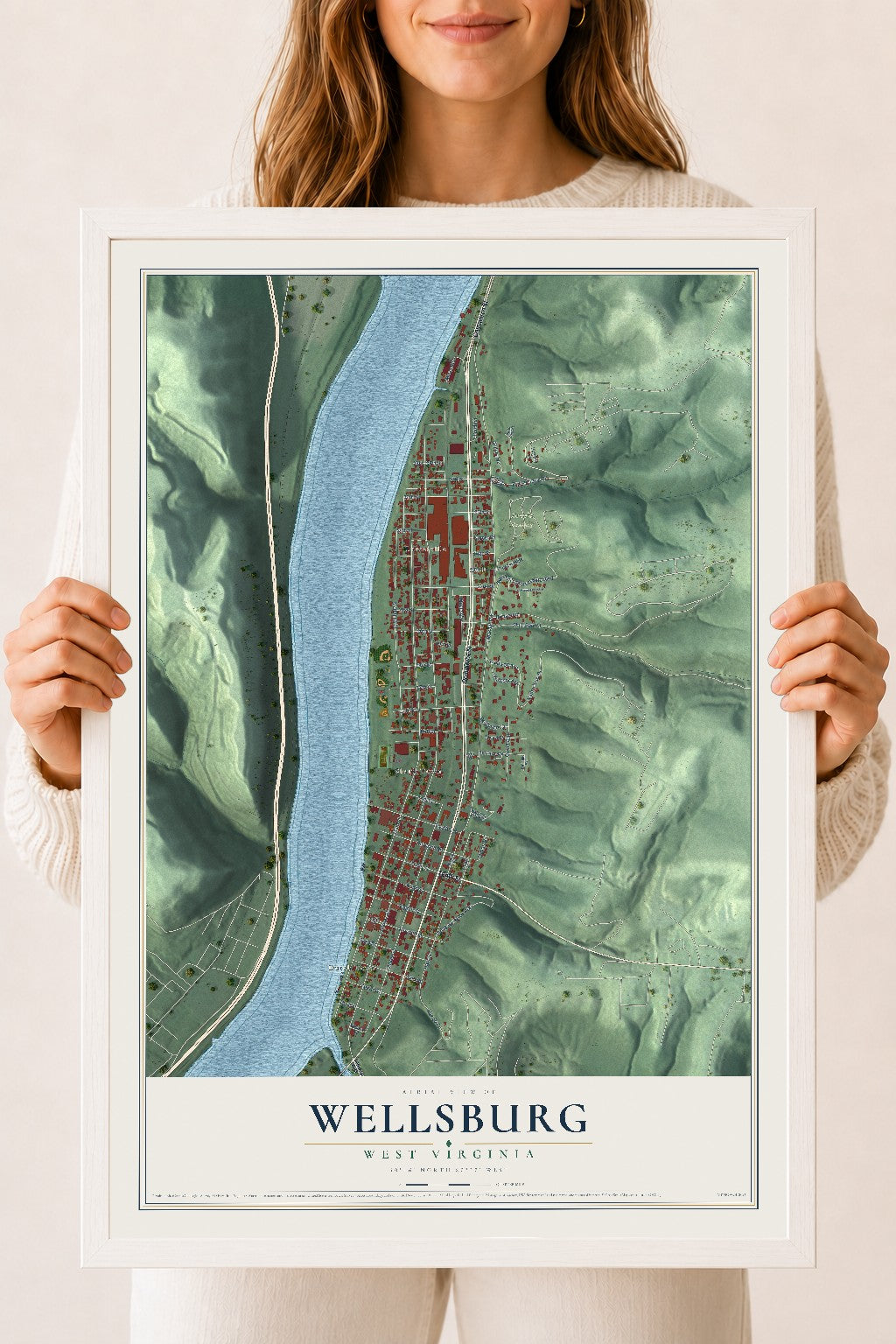 Map of Wellsburg, West Virginia, 18 x 24 inch print in a white wood frame