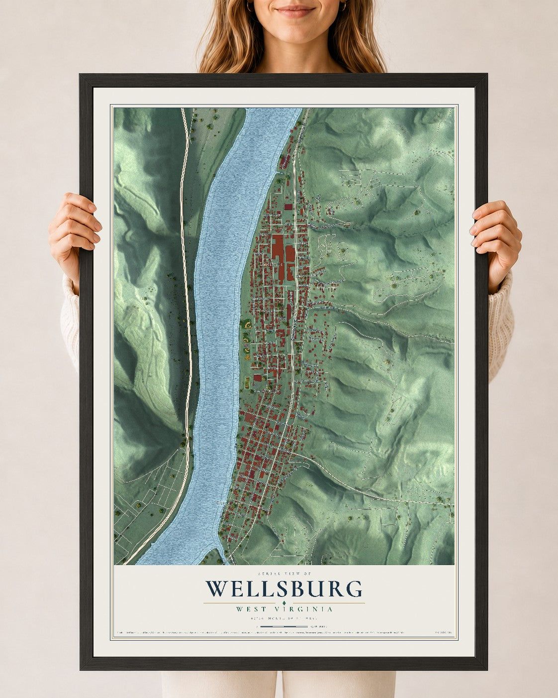 Map of Wellsburg, West Virginia, 24 x 36 inch print in a black wood frame