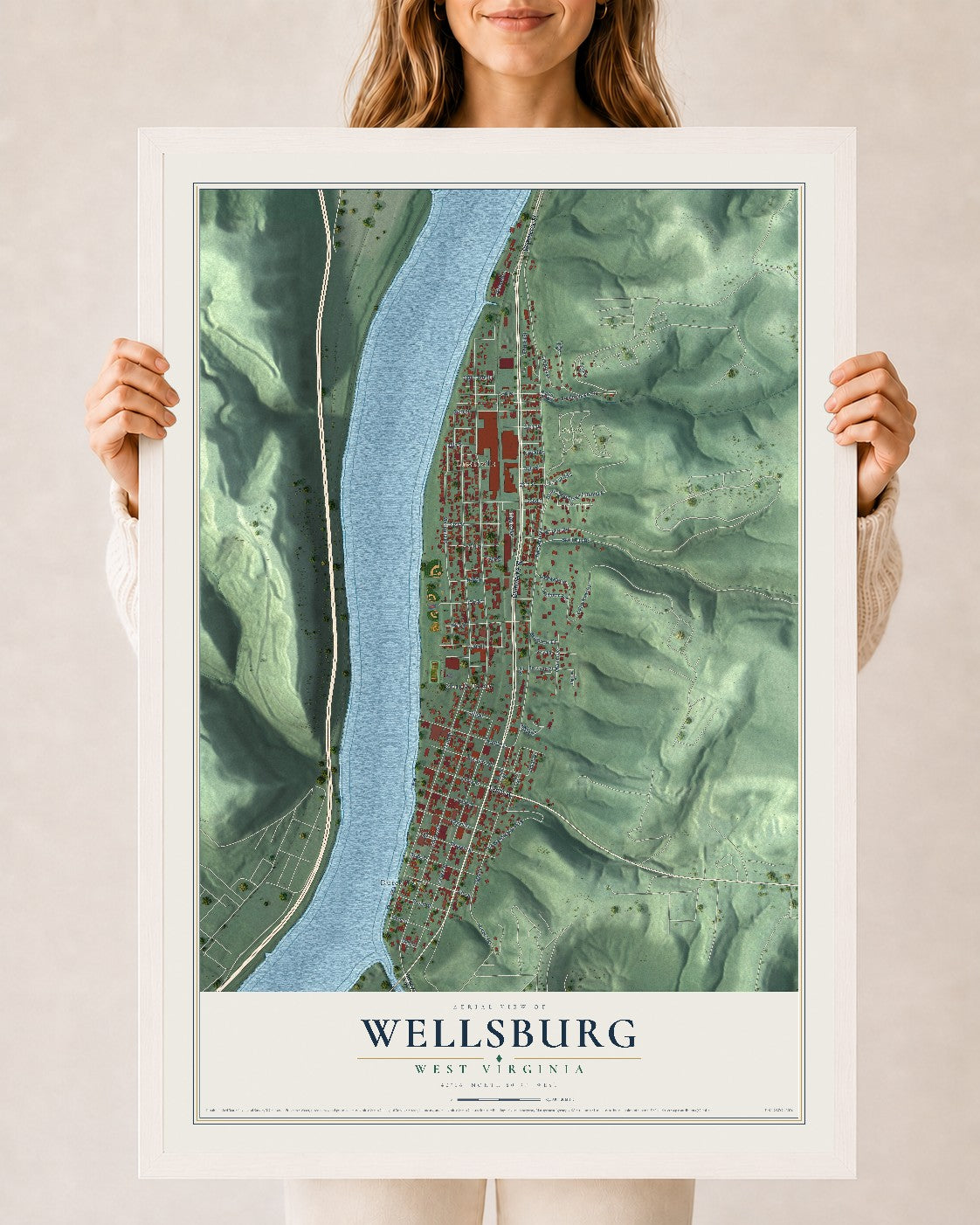 Map of Wellsburg, West Virginia, 24 x 36 inch print in a white wood frame