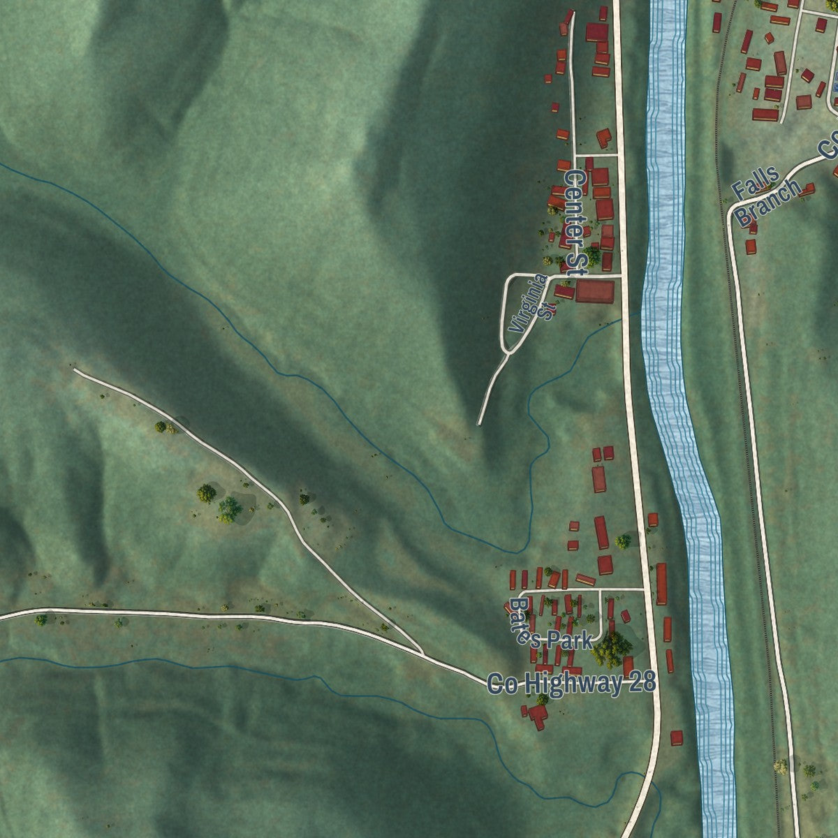 Close-up of the map of West Hamlin, West Virginia print showing street and building detail