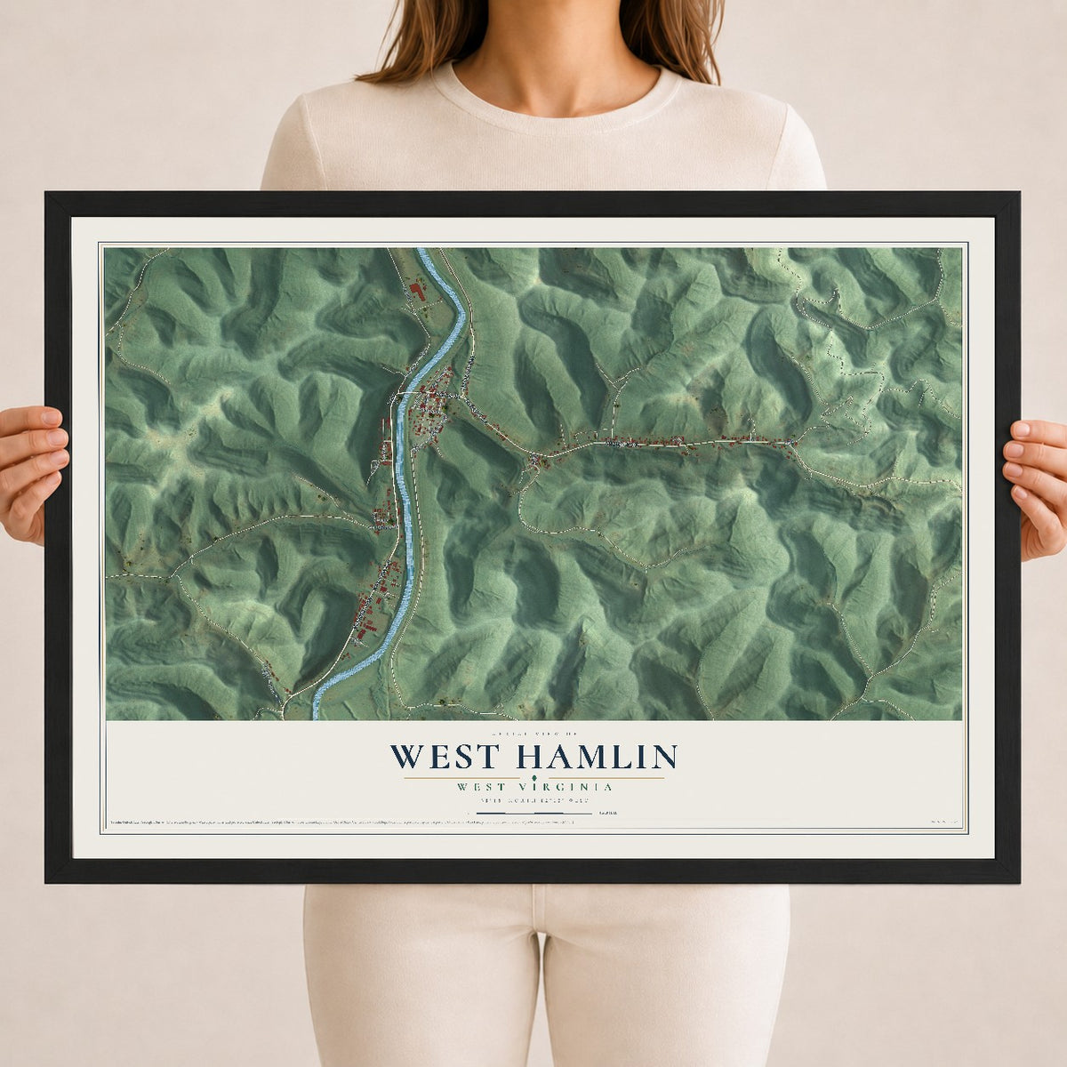 Map of West Hamlin, West Virginia, 18 x 24 inch print in a black wood frame