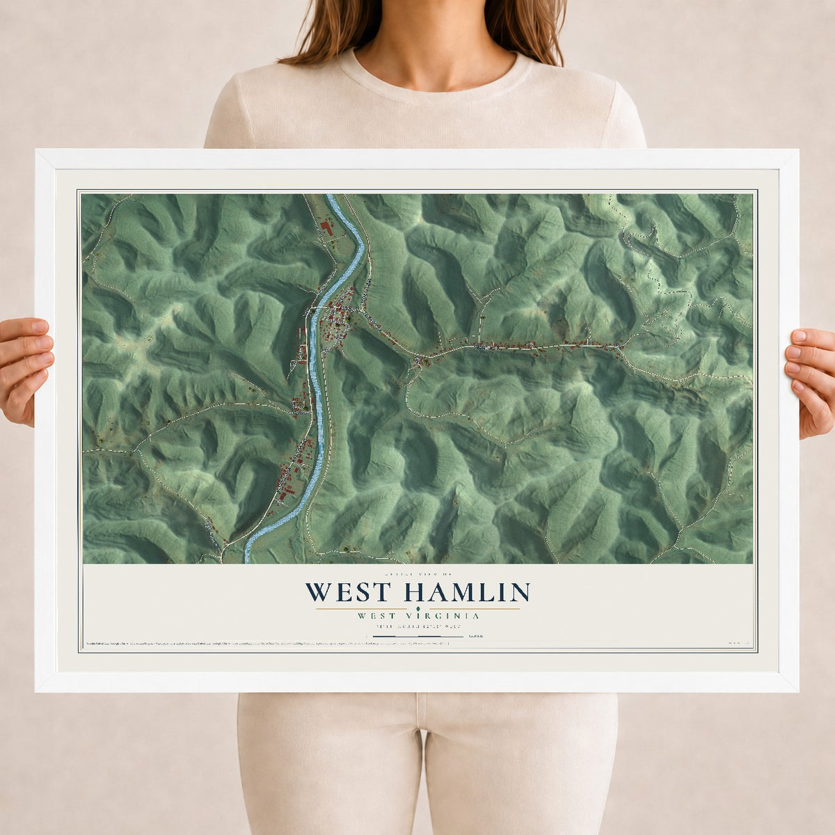 Map of West Hamlin, West Virginia, 18 x 24 inch print in a white wood frame