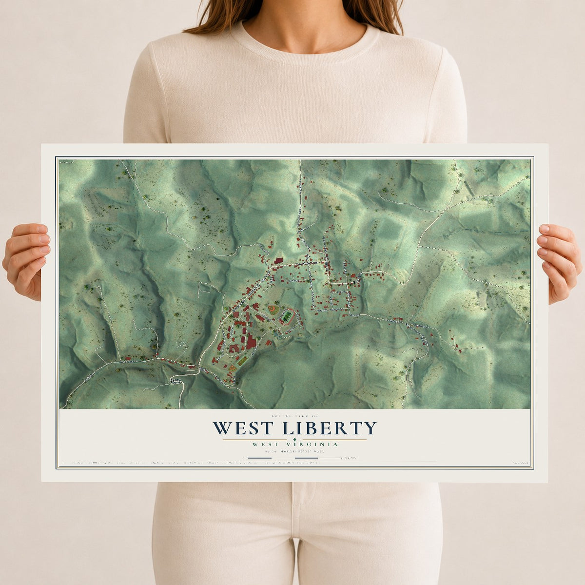 Map of West Liberty, West Virginia, 12 x 18 inch unframed archival matte print