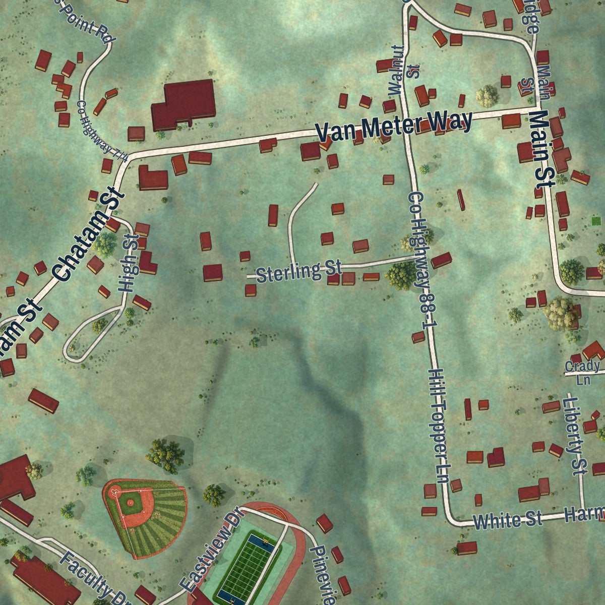 Close-up of the map of West Liberty, West Virginia print showing street and building detail