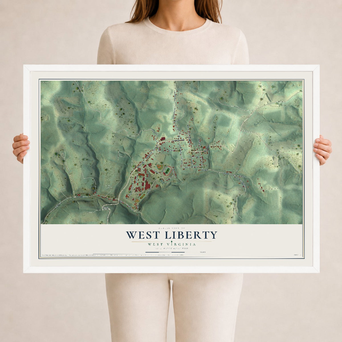 Map of West Liberty, West Virginia, 24 x 36 inch print in a white wood frame