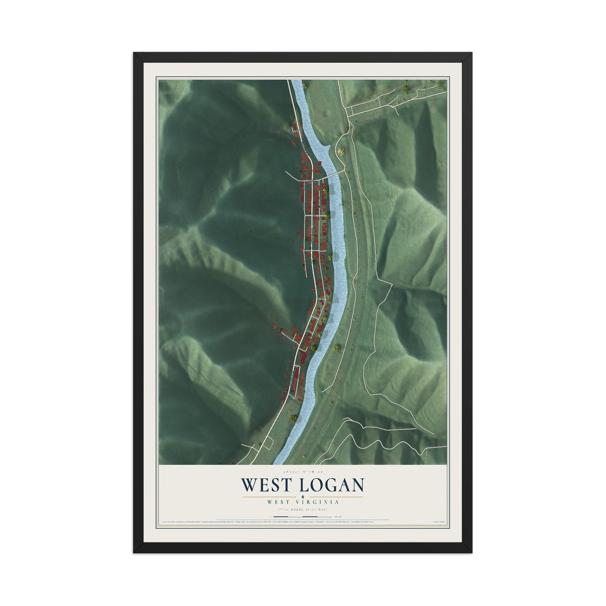 Map of West Logan, West Virginia, 12 x 18 inch print in a black wood frame