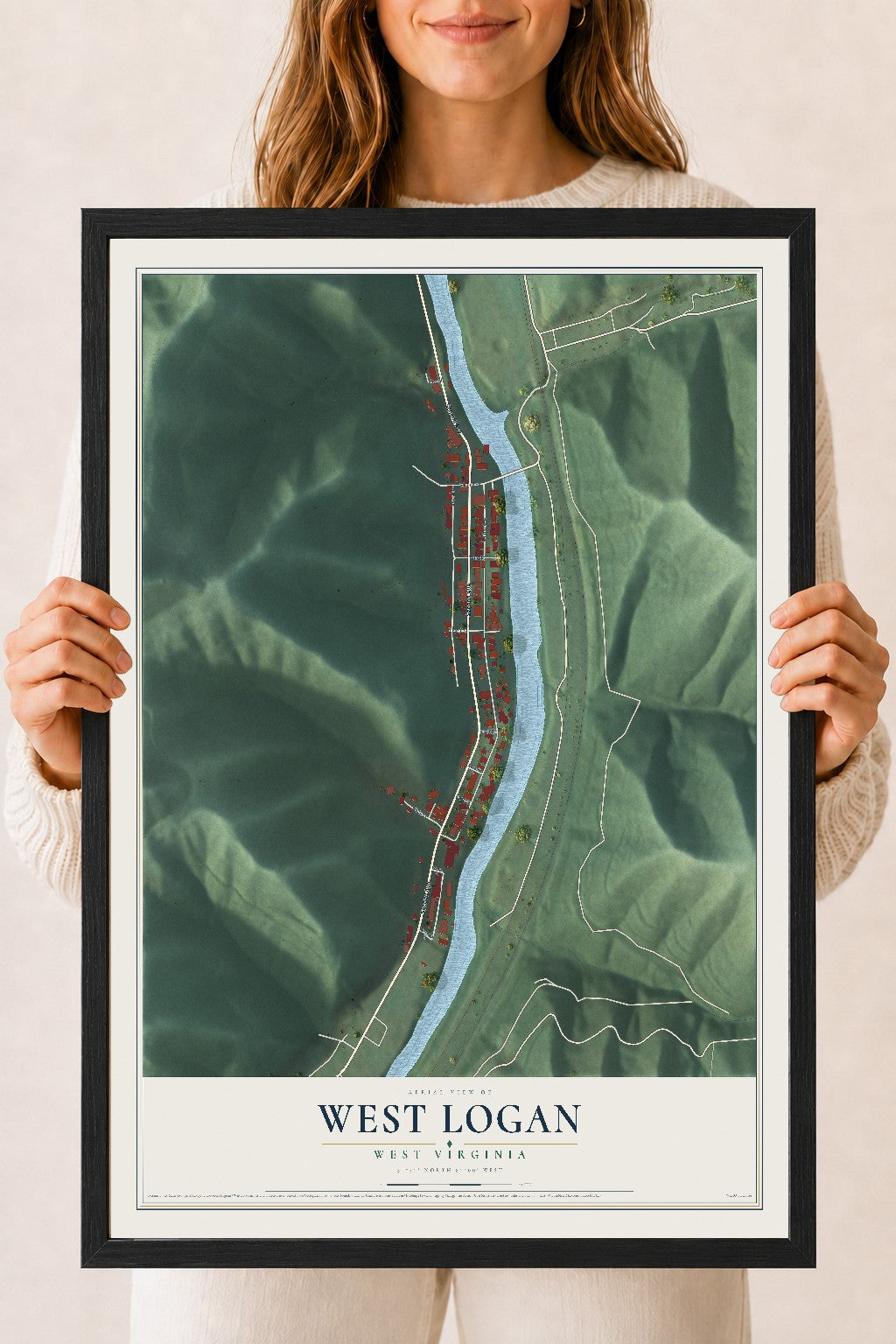 Map of West Logan, West Virginia, 18 x 24 inch print in a black wood frame