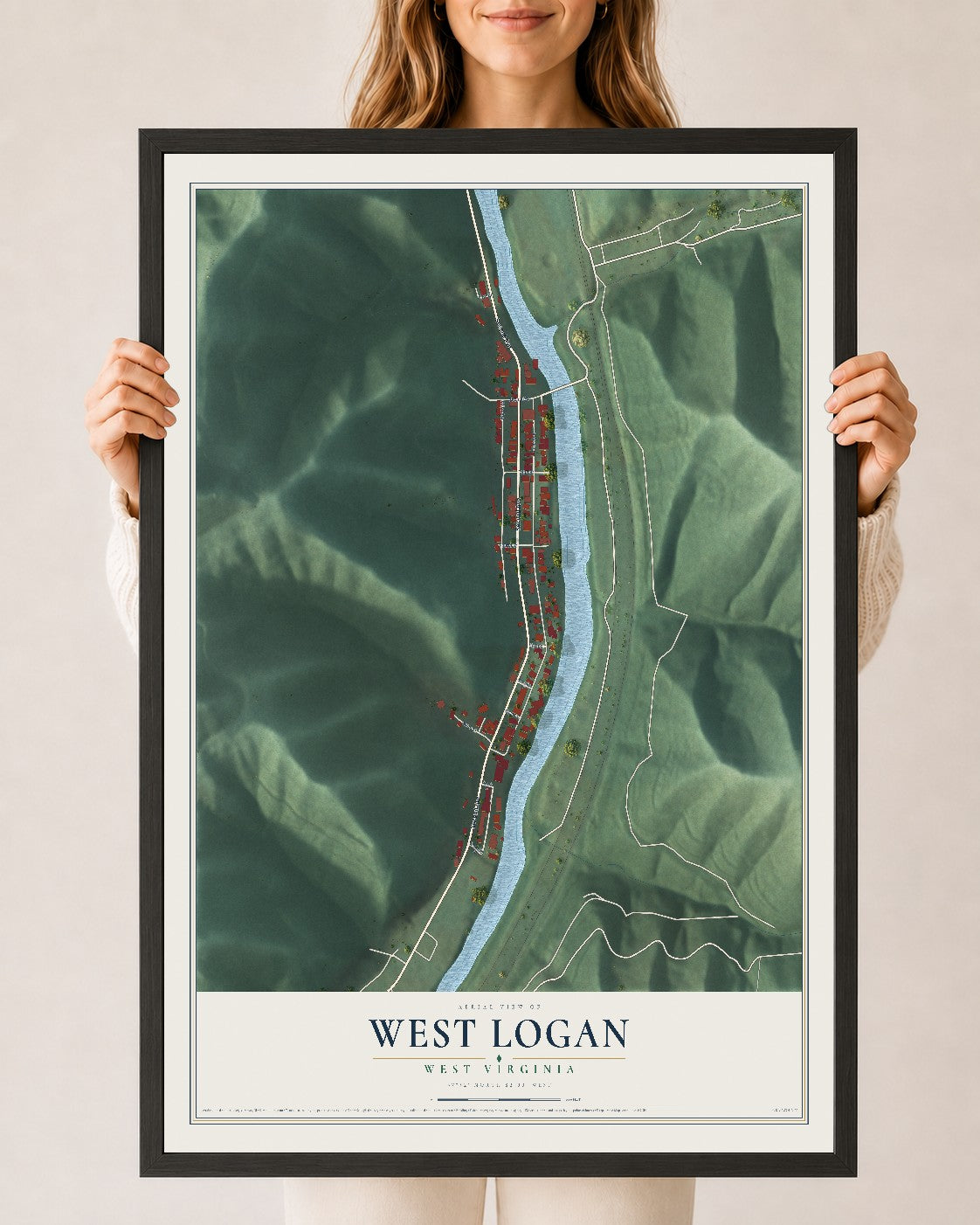 Map of West Logan, West Virginia, 24 x 36 inch print in a black wood frame