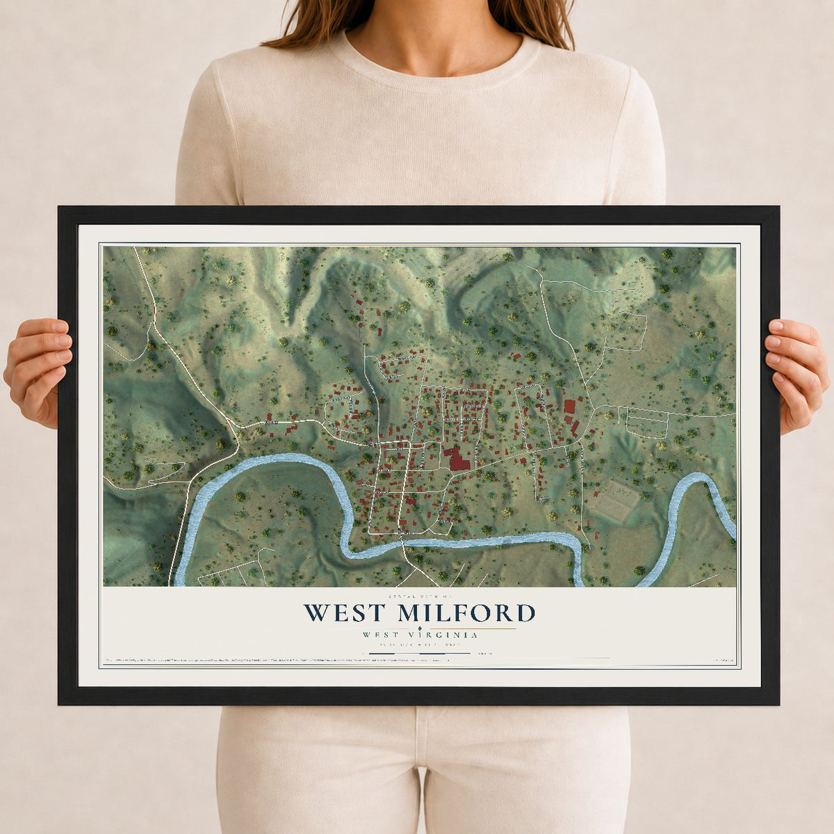 Map of West Milford, West Virginia, 12 x 18 inch print in a black wood frame