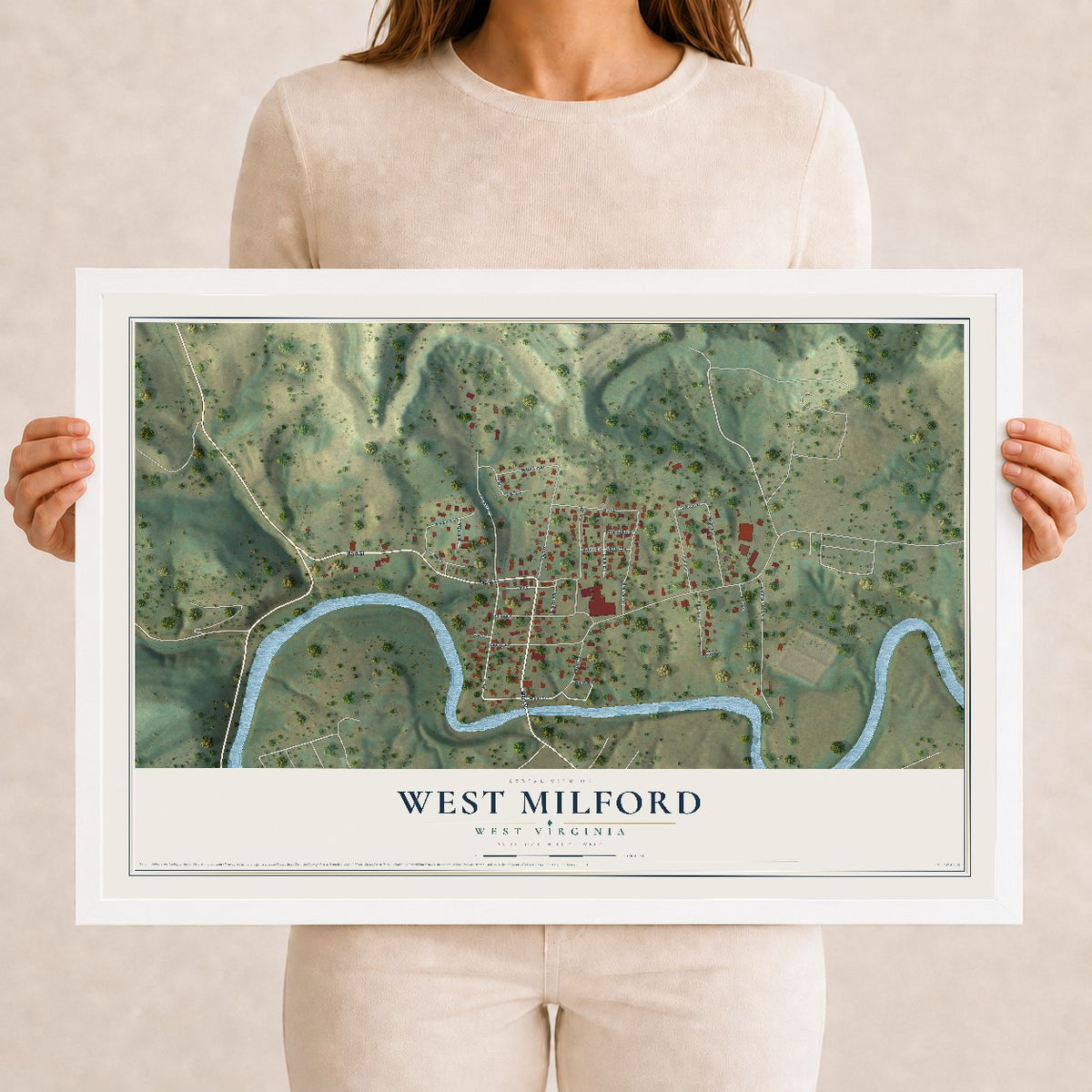 Map of West Milford, West Virginia, 12 x 18 inch print in a white wood frame