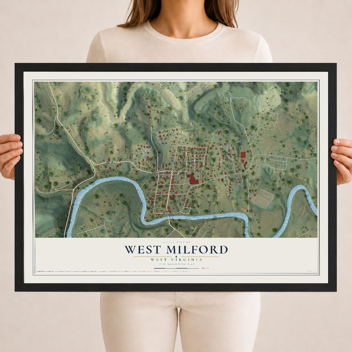 Map of West Milford, West Virginia, 18 x 24 inch print in a black wood frame
