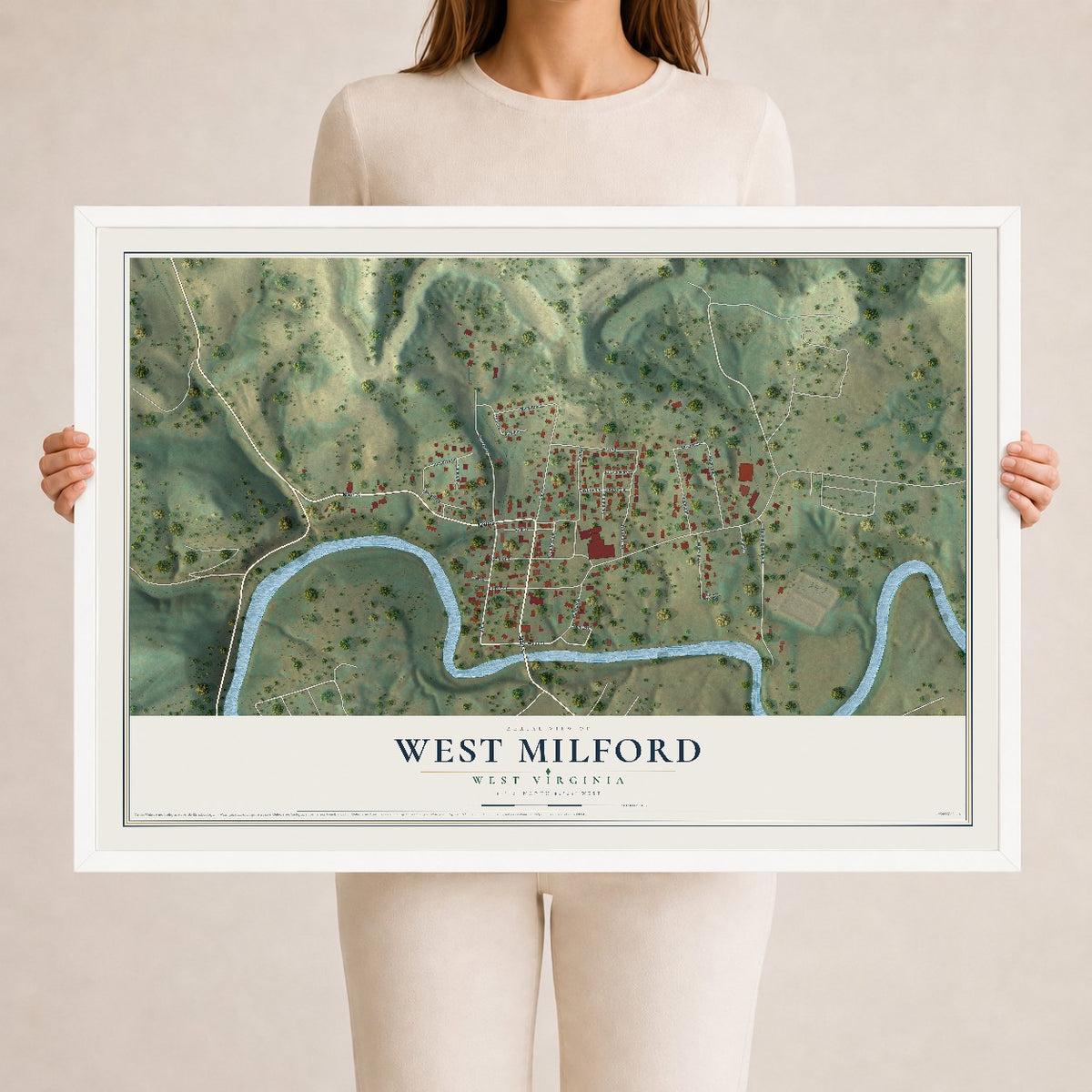 Map of West Milford, West Virginia, 24 x 36 inch print in a white wood frame