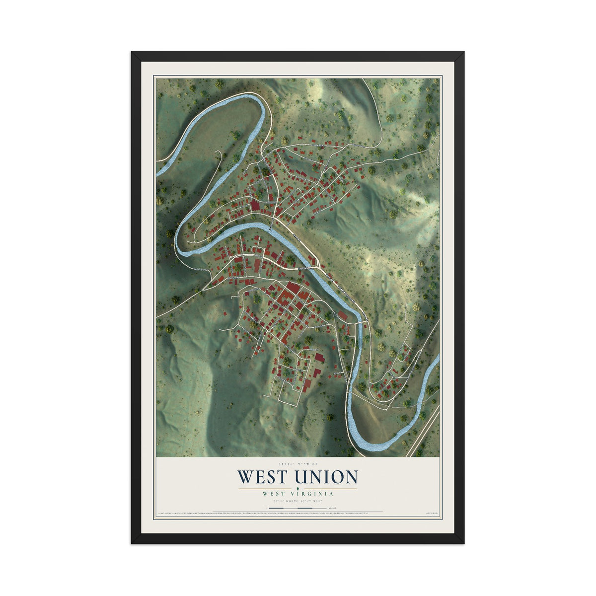Map of West Union, West Virginia, 12 x 18 inch print in a black wood frame
