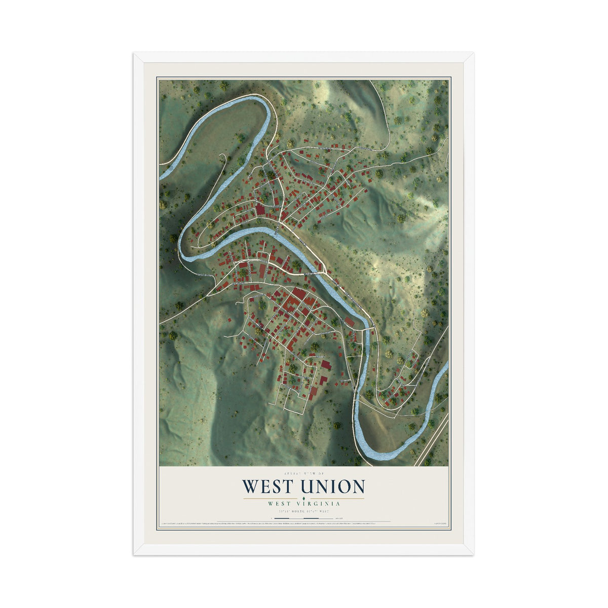 Map of West Union, West Virginia, 12 x 18 inch print in a white wood frame