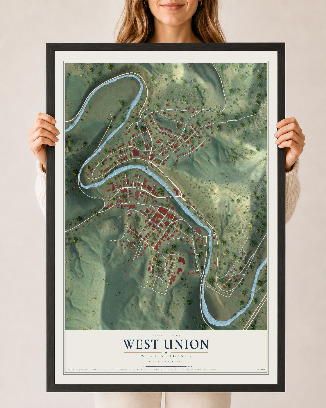 Map of West Union, West Virginia, 24 x 36 inch print in a black wood frame