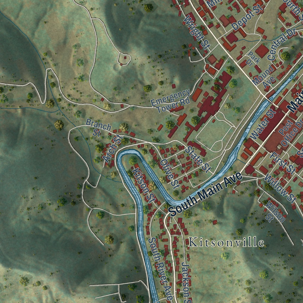 Close-up of the map of Weston, West Virginia print showing street and building detail