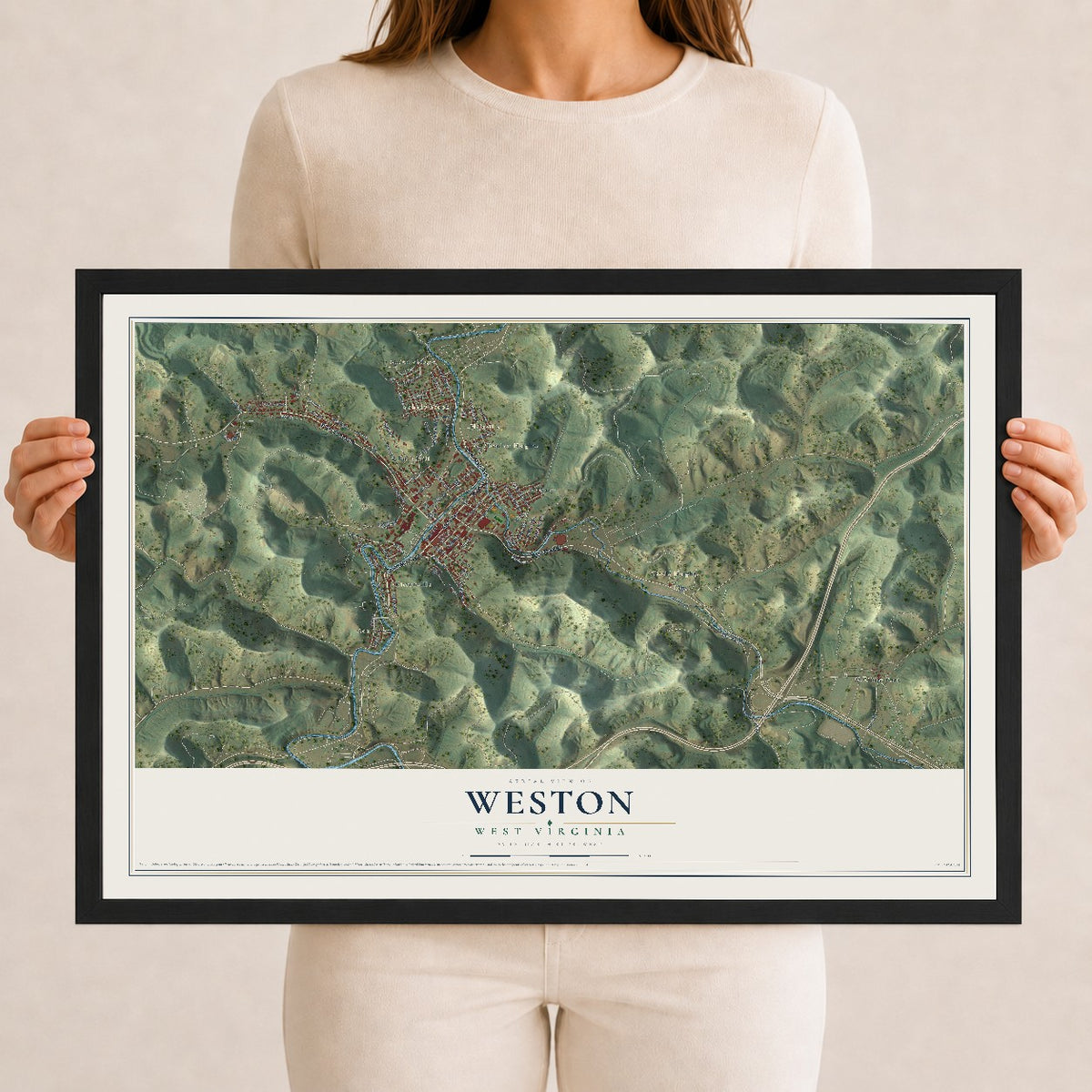 Map of Weston, West Virginia, 12 x 18 inch print in a black wood frame