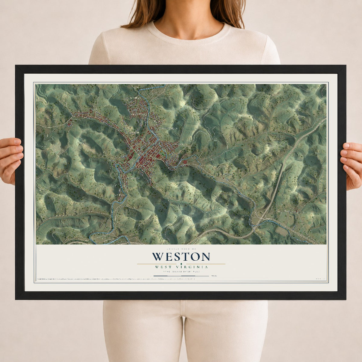 Map of Weston, West Virginia, 18 x 24 inch print in a black wood frame
