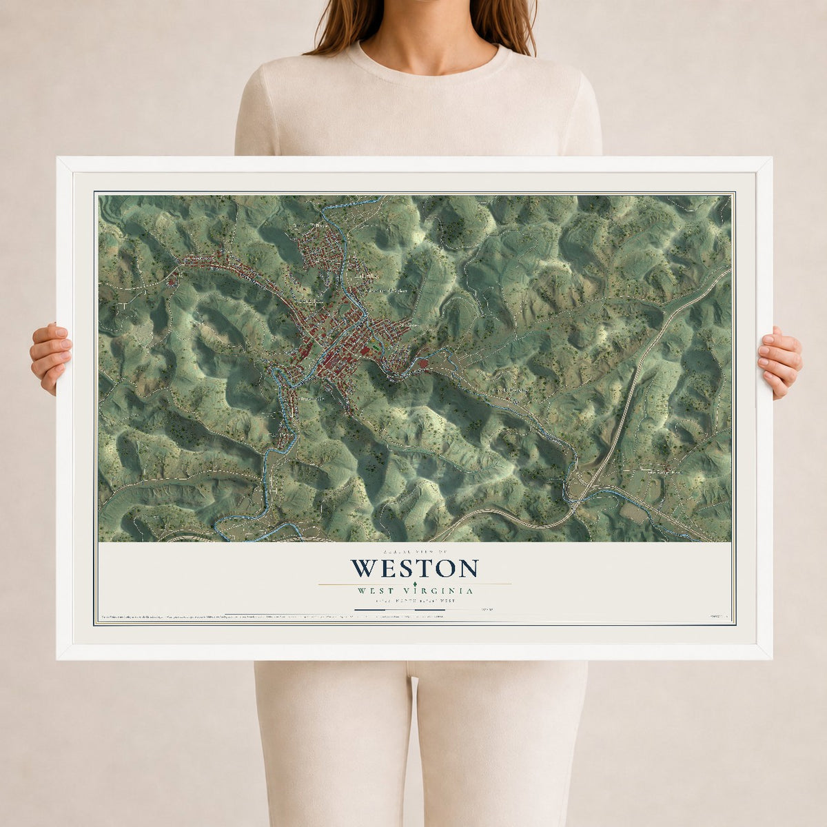 Map of Weston, West Virginia, 24 x 36 inch print in a white wood frame