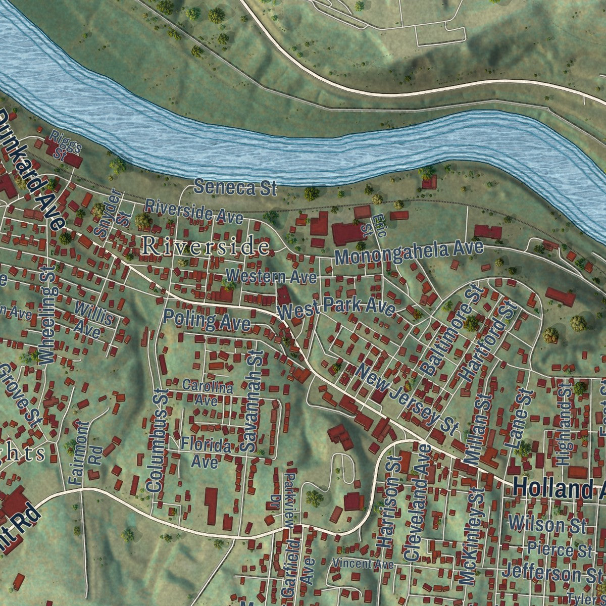 Close-up of the map of Westover, West Virginia print showing street and building detail