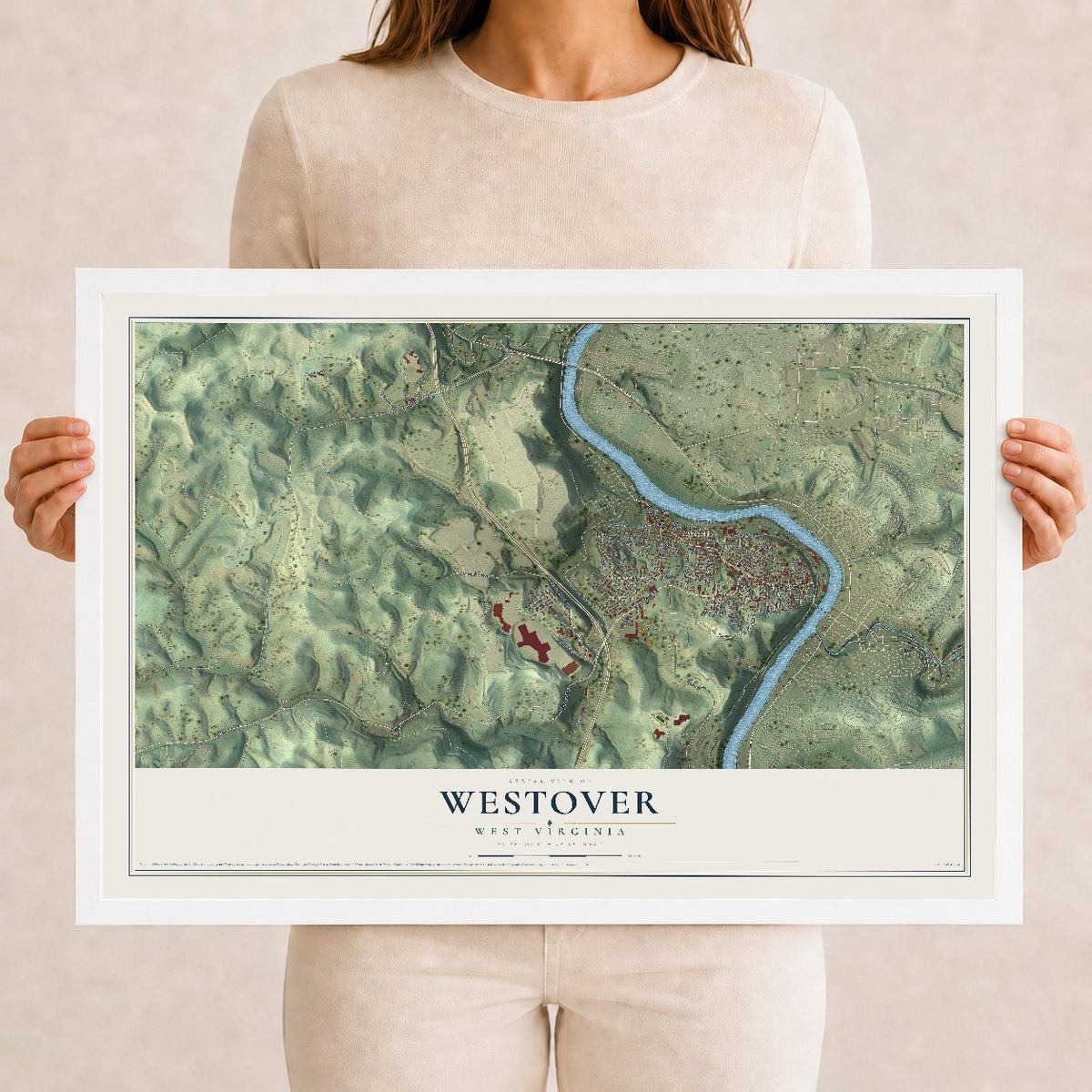 Map of Westover, West Virginia, 12 x 18 inch print in a white wood frame
