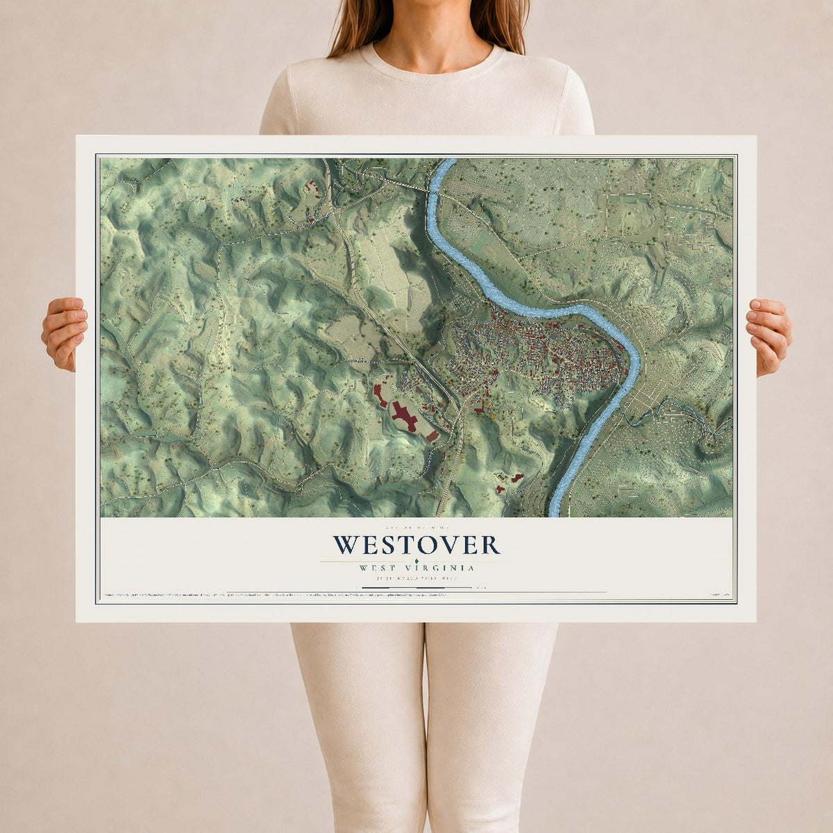 Map of Westover, West Virginia, 24 x 36 inch unframed archival matte print