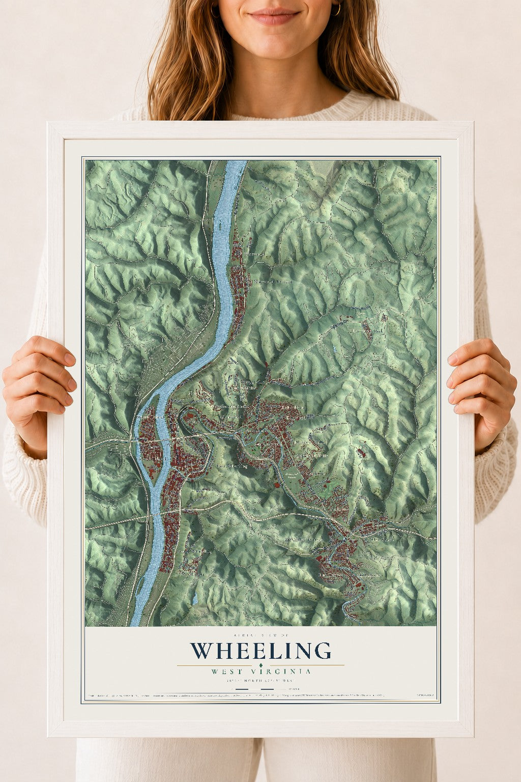 Map of Wheeling, West Virginia, 18 x 24 inch print in a white wood frame