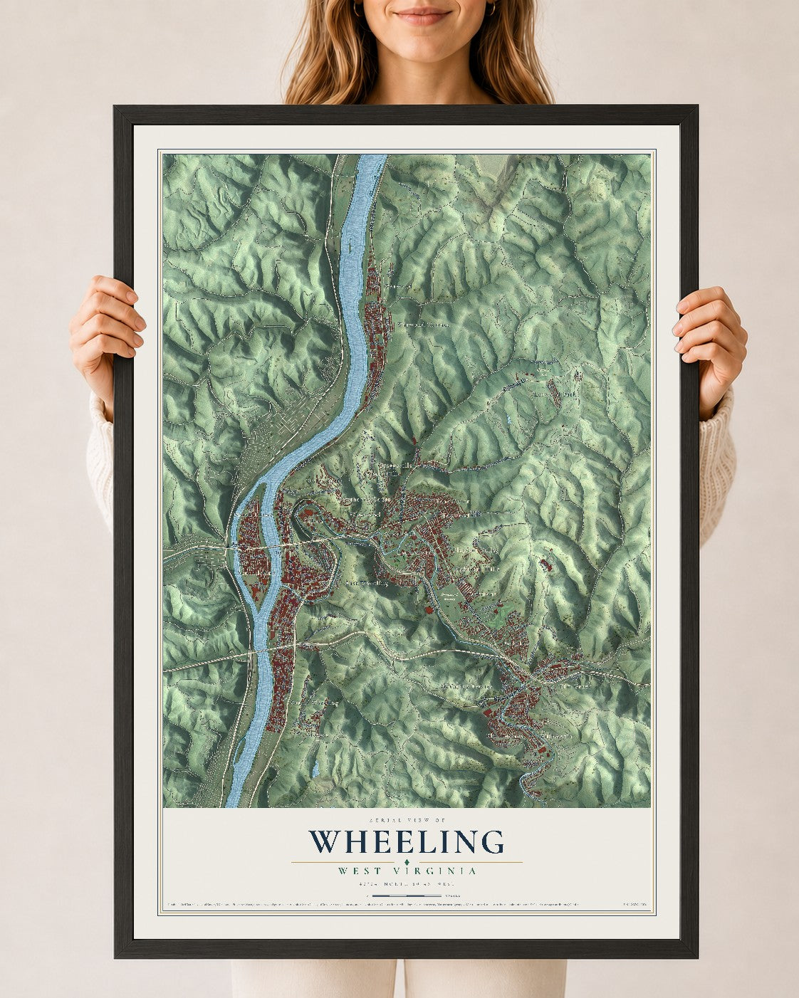 Map of Wheeling, West Virginia, 24 x 36 inch print in a black wood frame
