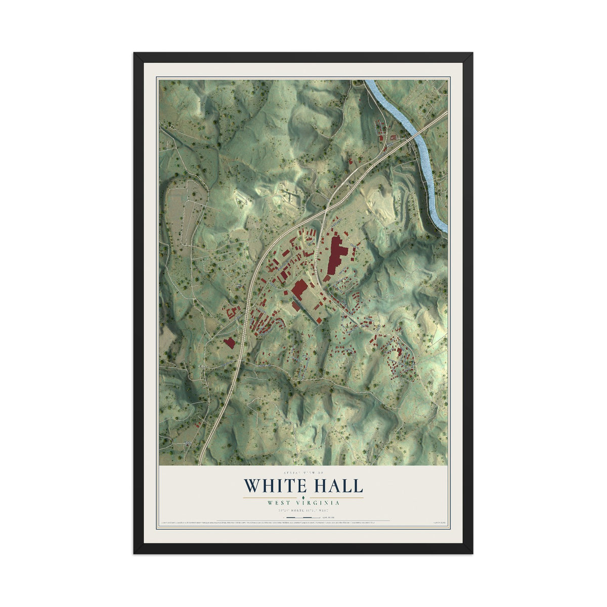 Map of White Hall, West Virginia, 12 x 18 inch print in a black wood frame