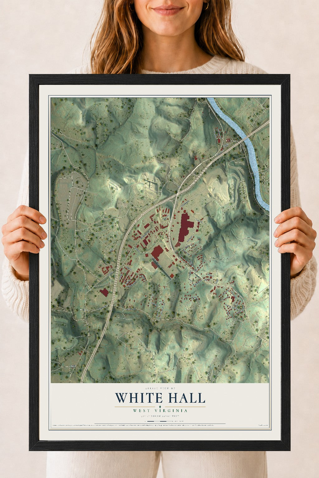 Map of White Hall, West Virginia, 18 x 24 inch print in a black wood frame