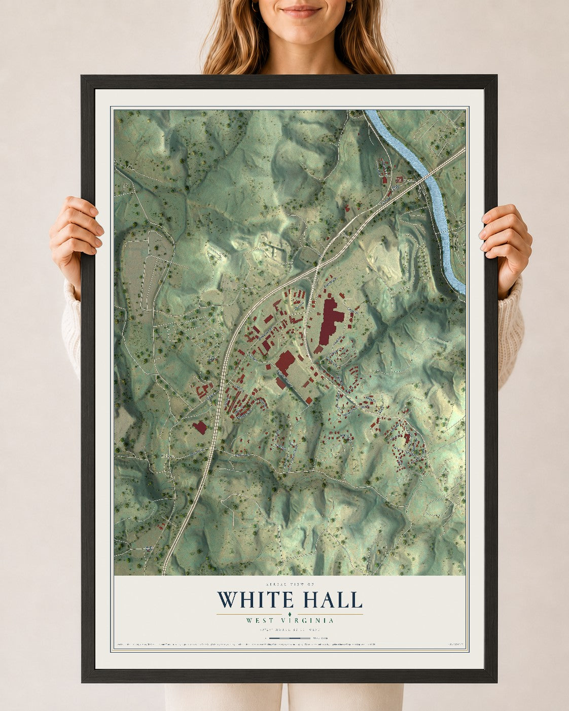 Map of White Hall, West Virginia, 24 x 36 inch print in a black wood frame