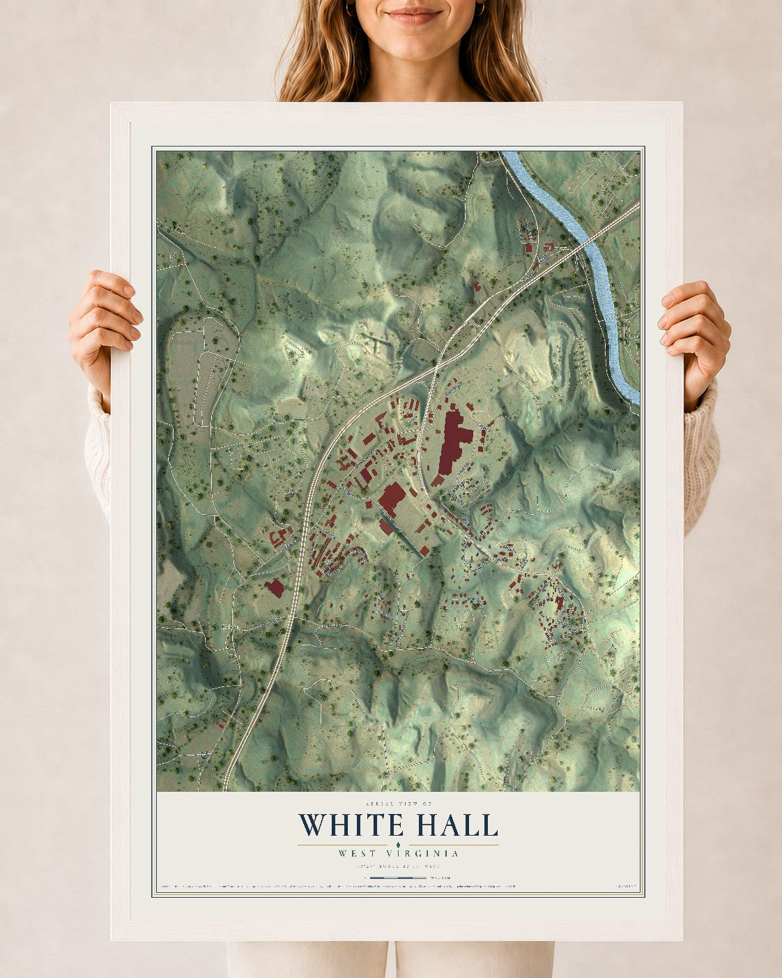Map of White Hall, West Virginia, 24 x 36 inch print in a white wood frame