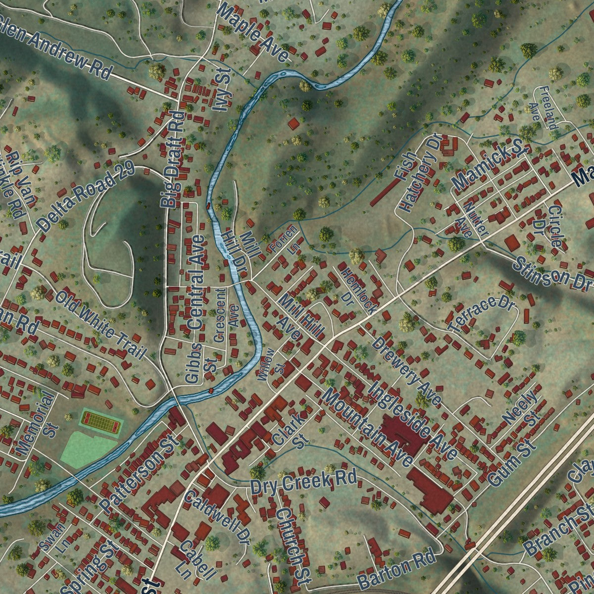 Close-up of the map of White Sulphur Springs, West Virginia print showing street and building detail