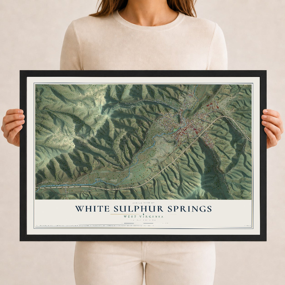 Map of White Sulphur Springs, West Virginia, 12 x 18 inch print in a black wood frame
