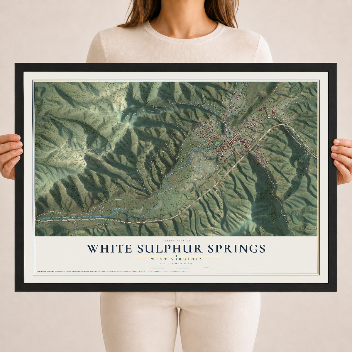 Map of White Sulphur Springs, West Virginia, 18 x 24 inch print in a black wood frame