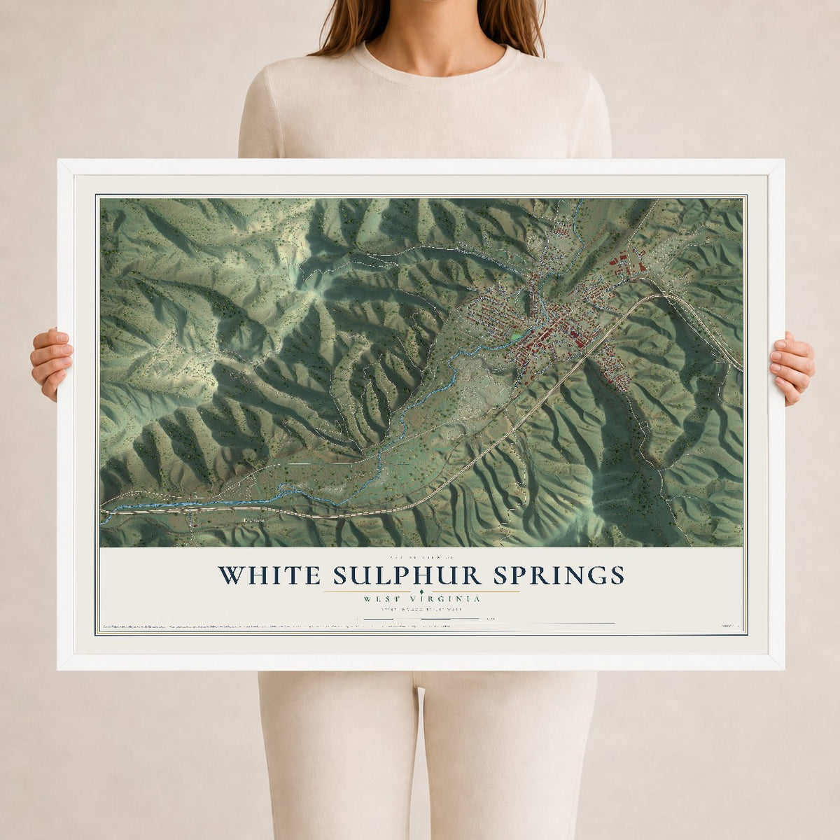 Map of White Sulphur Springs, West Virginia, 24 x 36 inch print in a white wood frame
