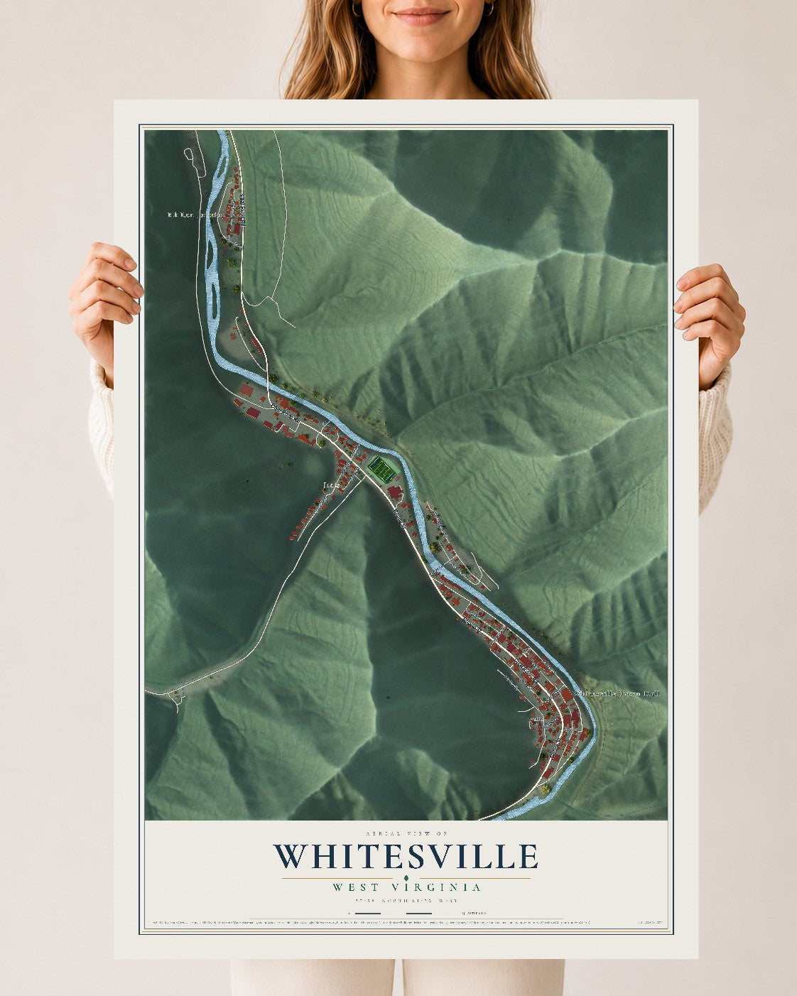 Map of Whitesville, West Virginia, 24 x 36 inch unframed archival matte print