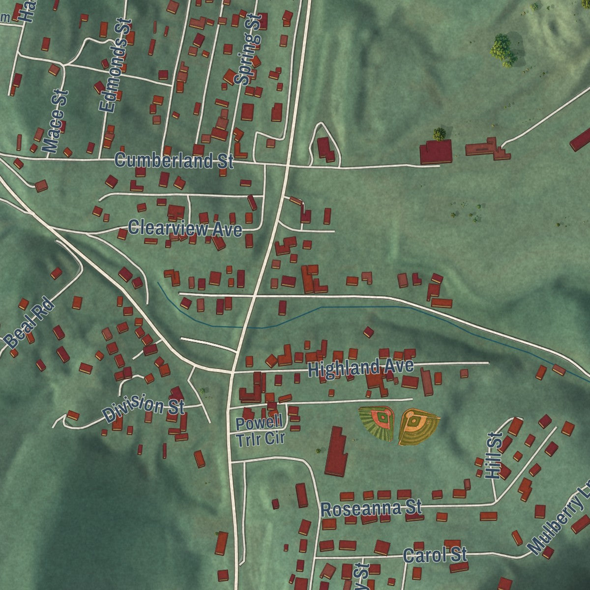 Close-up of the map of Wiley Ford, West Virginia print showing street and building detail