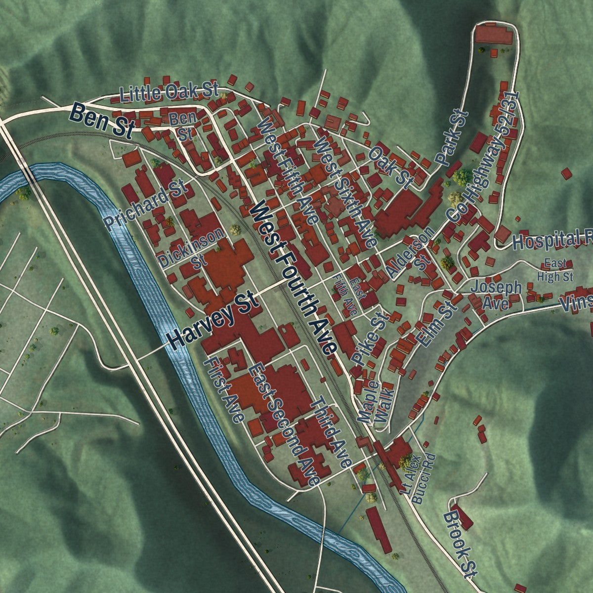 Close-up of the map of Williamson, West Virginia print showing street and building detail