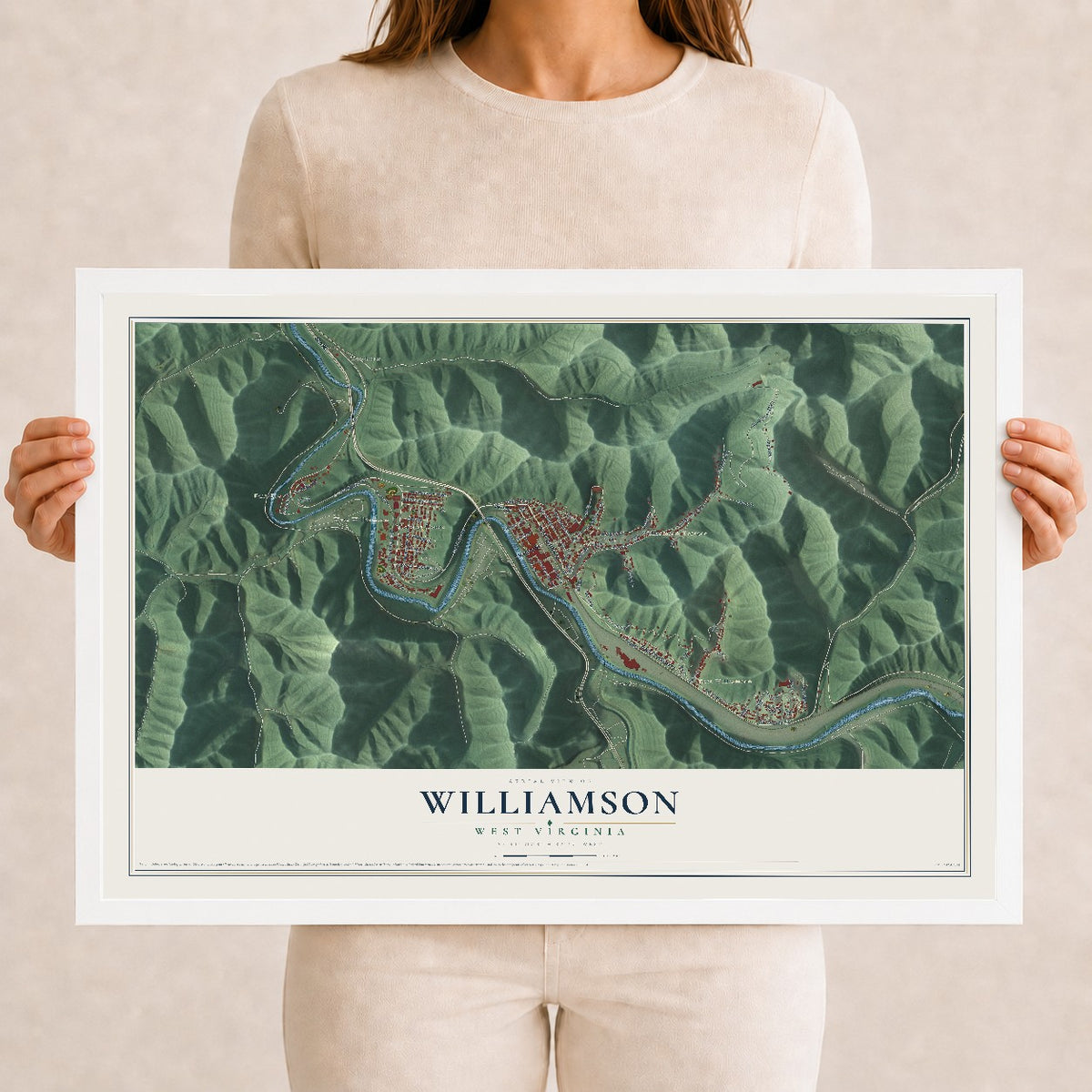 Map of Williamson, West Virginia, 12 x 18 inch print in a white wood frame