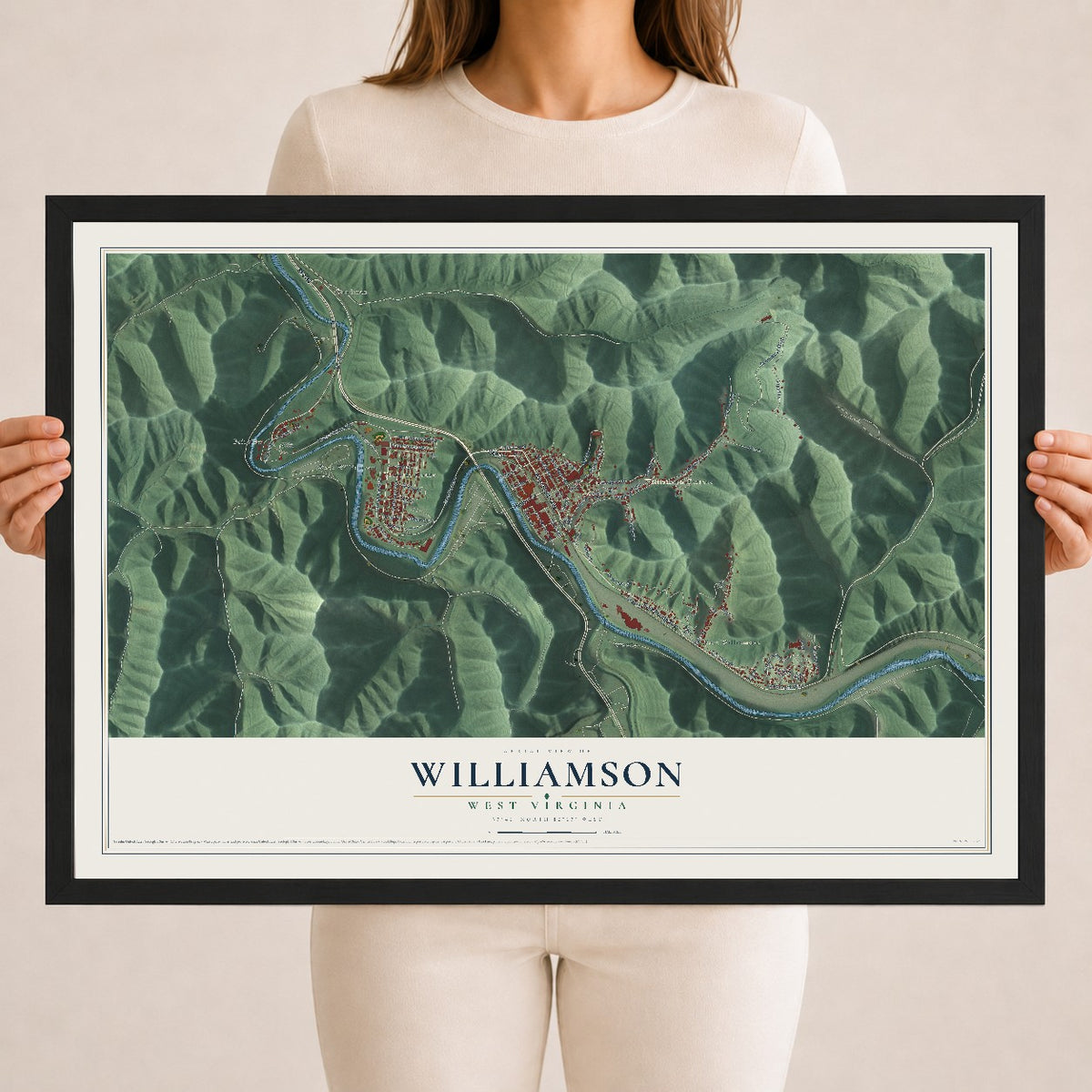 Map of Williamson, West Virginia, 18 x 24 inch print in a black wood frame