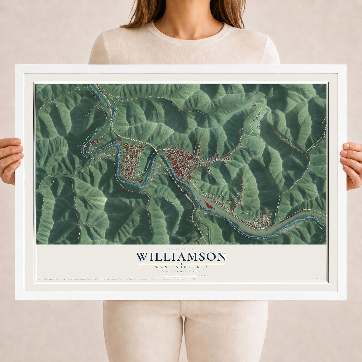 Map of Williamson, West Virginia, 18 x 24 inch print in a white wood frame