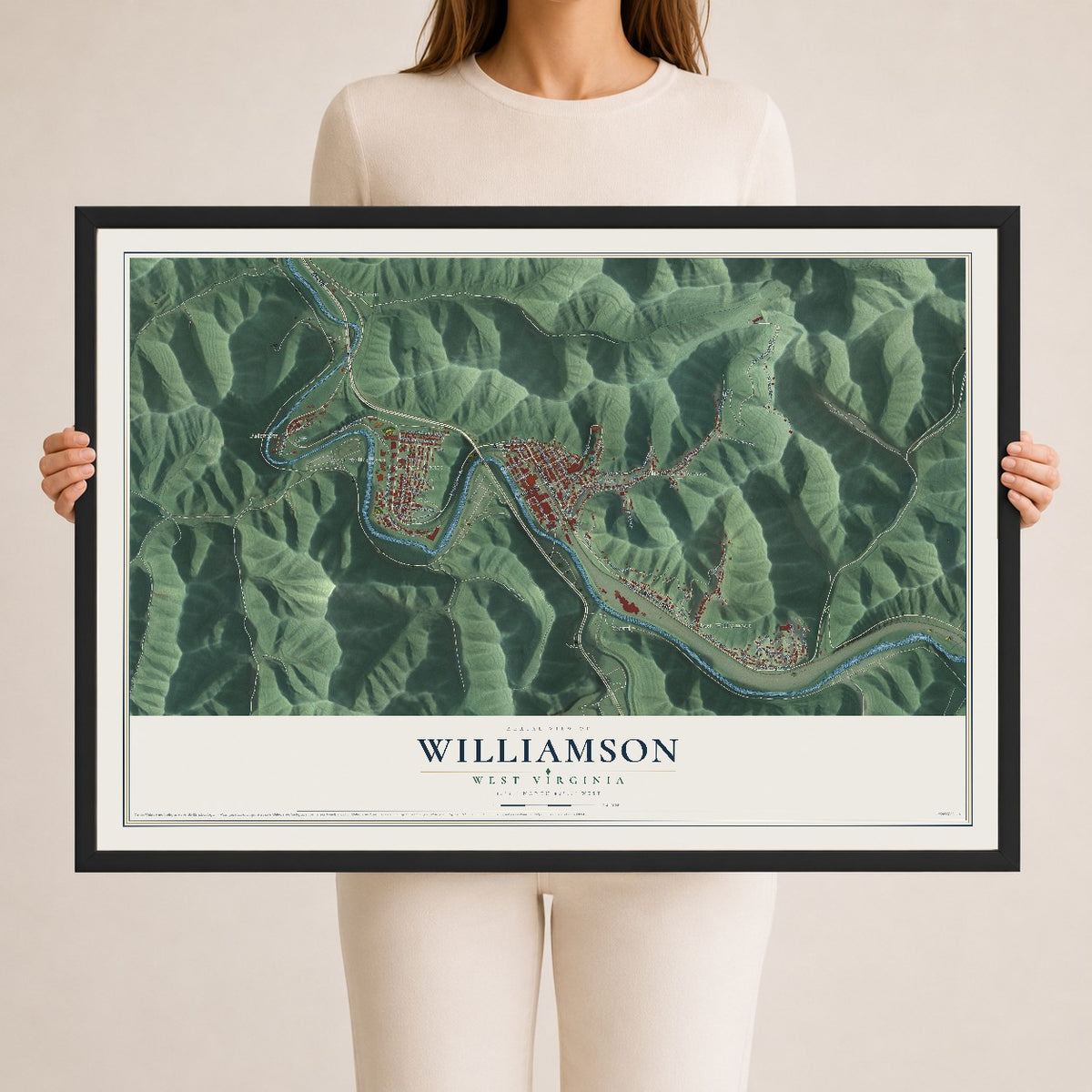 Map of Williamson, West Virginia, 24 x 36 inch print in a black wood frame