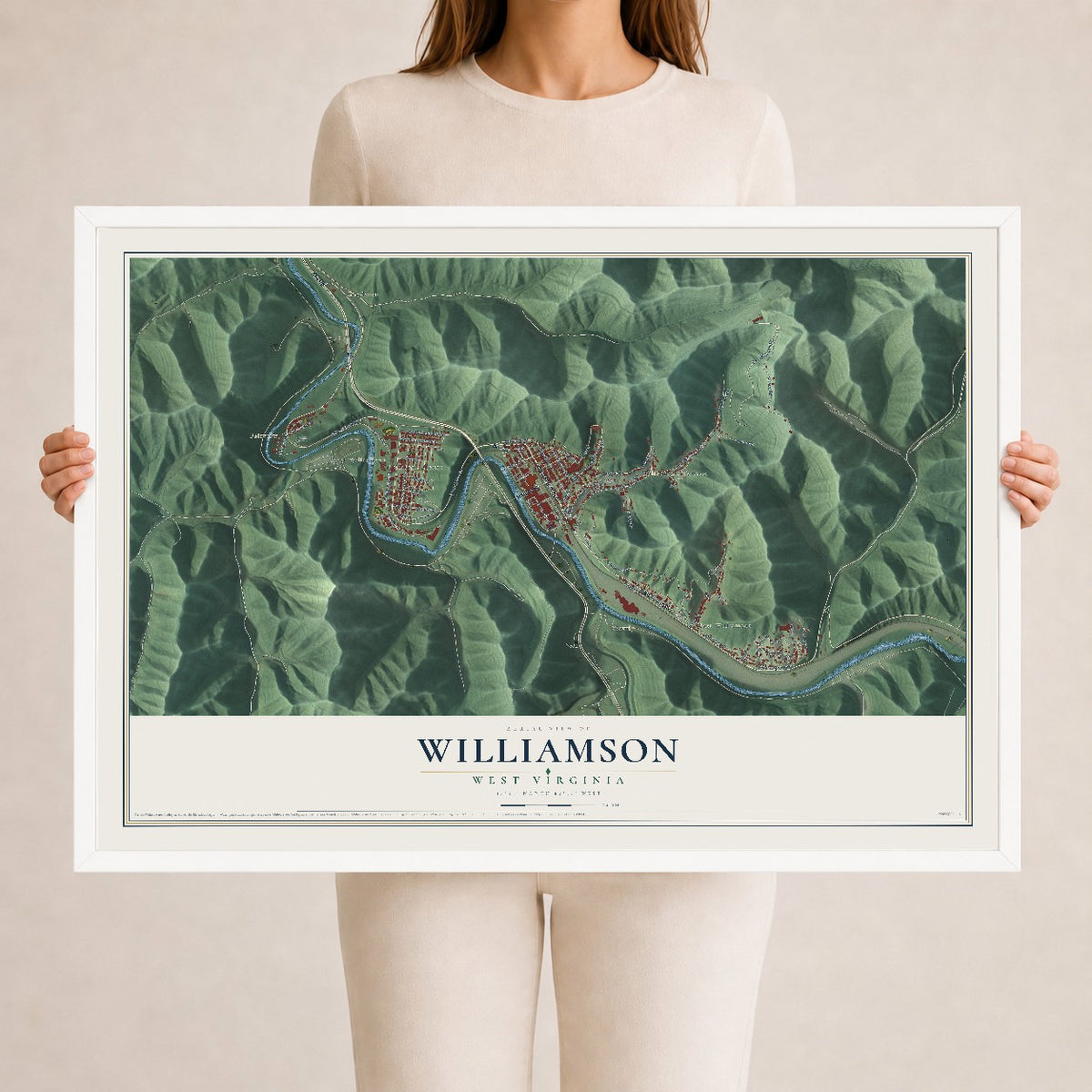 Map of Williamson, West Virginia, 24 x 36 inch print in a white wood frame