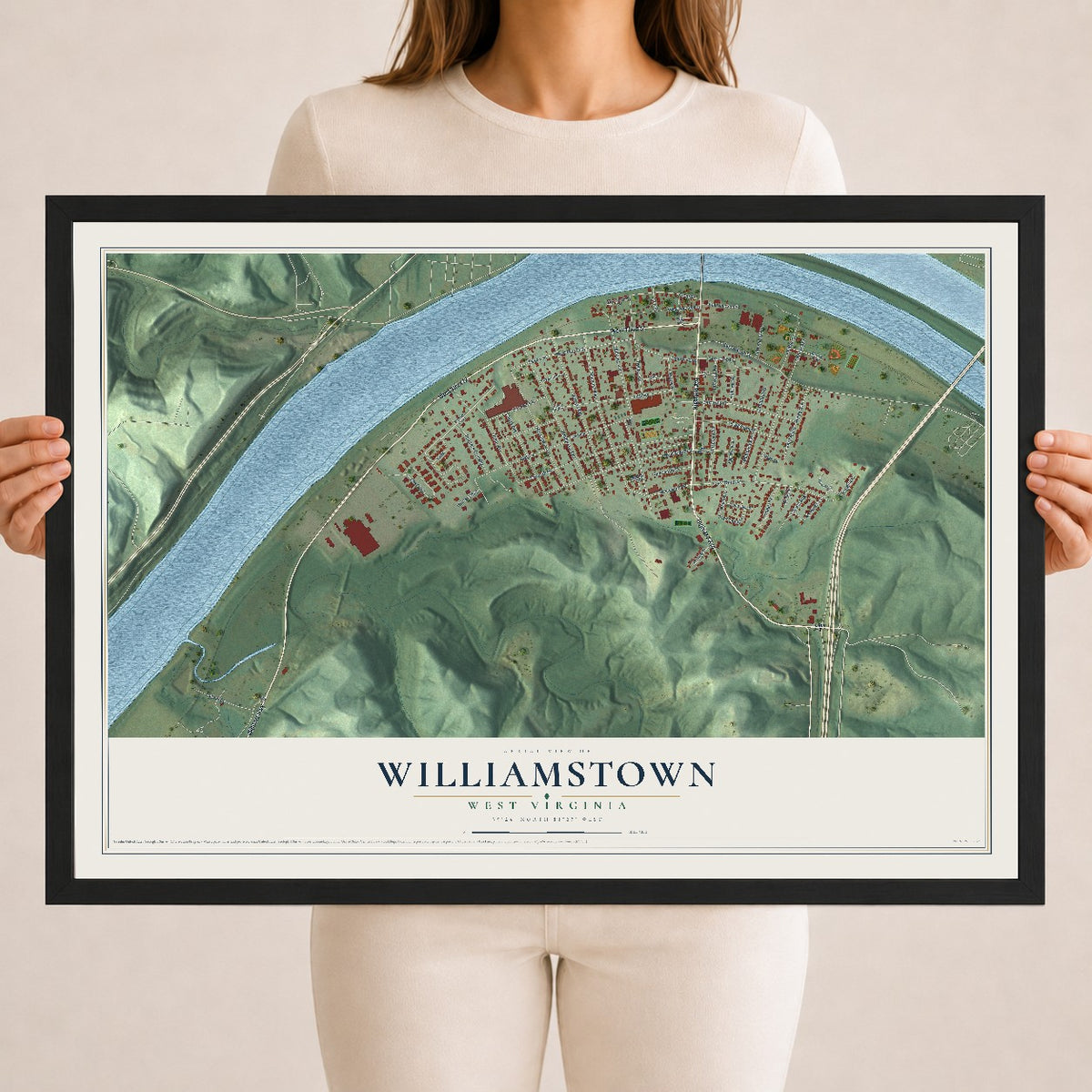 Map of Williamstown, West Virginia, 18 x 24 inch print in a black wood frame