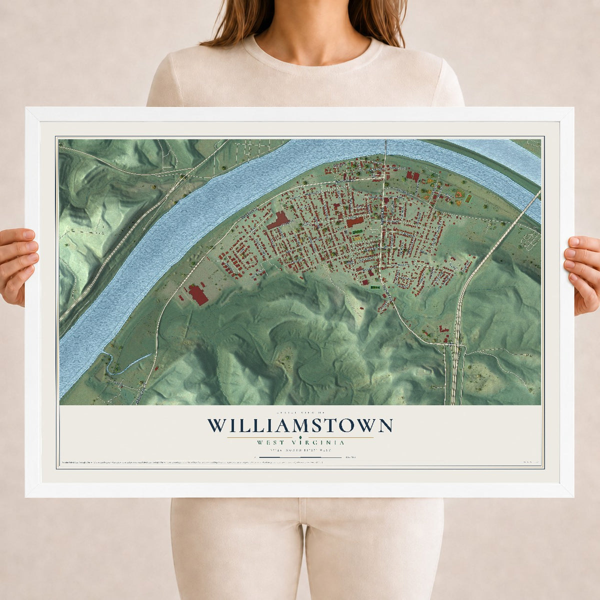 Map of Williamstown, West Virginia, 18 x 24 inch print in a white wood frame